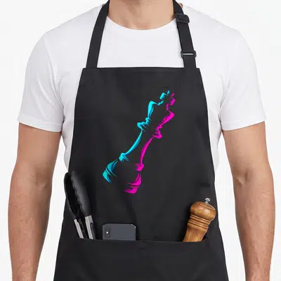 Tablier de cuisine noir avec une reine d'échecs graphique en bleu cyan et rose magenta sur fond uni.