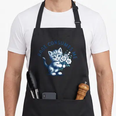 Tablier de cuisine noir avec un chaton bleu tenant un bouquet de fleurs blanches et le texte Rage Consumes Me.