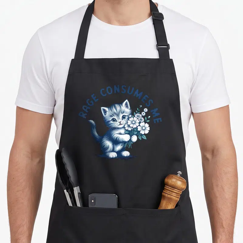 Tablier de cuisine noir avec un chaton bleu tenant un bouquet de fleurs blanches et le texte Rage Consumes Me.