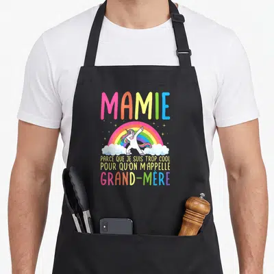 Tablier de cuisine noir avec arc-en-ciel, licone en dab et texte mamie trop cool grand-mère multicolore.