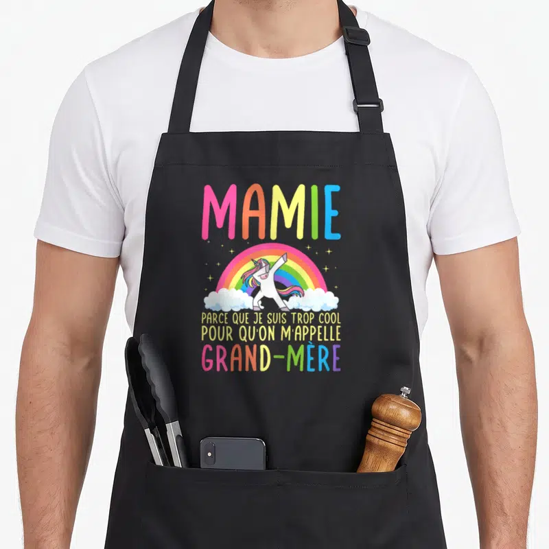 Tablier de cuisine noir avec arc-en-ciel, licone en dab et texte mamie trop cool grand-mère multicolore.