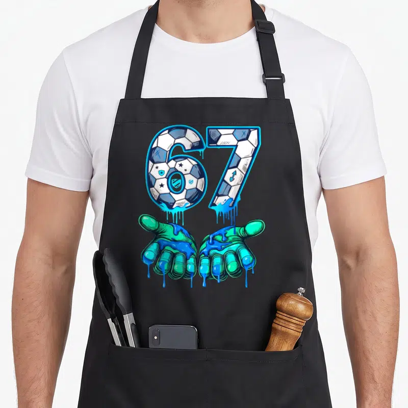 Tablier de cuisine noir avec le chiffre 67 en ballon de football et deux mains vertes couverts de peinture bleue.