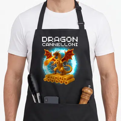 Tablier de cuisine noir avec un dragon cannelloni crachant des flammes et des éclairs bleus en arrière-plan.
