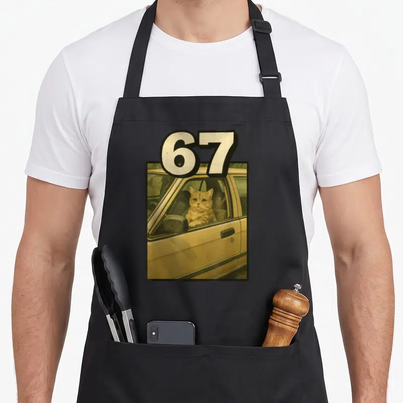 Tablier de cuisine noir avec un chat assis dans une voiture jaune et le nombre 67 en lettres blanches au-dessus.