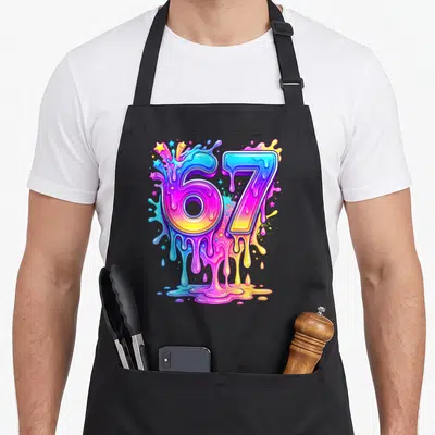 Tablier de cuisine noir avec le chiffre 67 coloré fondant et des étoiles multicolores.