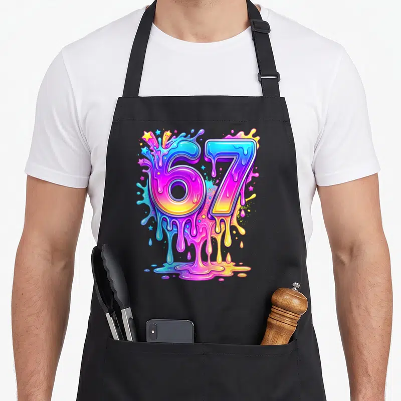Tablier de cuisine noir avec le chiffre 67 coloré fondant et des étoiles multicolores.