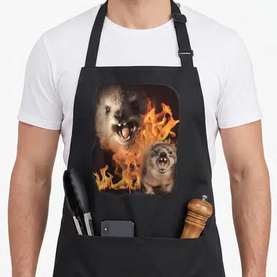 Tablier de cuisine noir avec hyrax enflammé et petit félin aux dents visibles, style illustration meme.