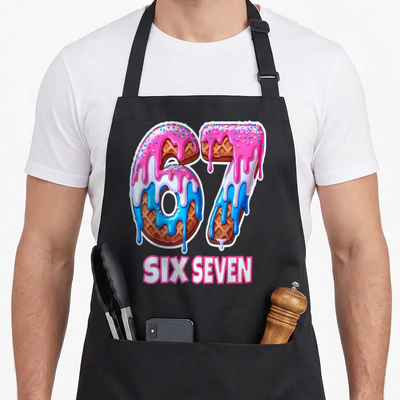 Tablier de cuisine noir avec le chiffre 67 stylisé en gaufre recouverte de glaçage rose et bleu et l'inscription Six Seven en bas.