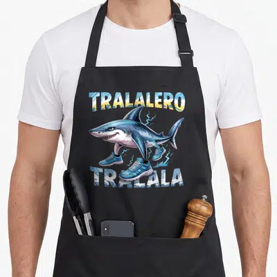 Tablier de cuisine noir avec un requin portant des baskets bleues et les mots Tralalero Tralala.
