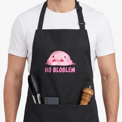 Tablier de cuisine noir avec un poisson blob rose et le texte No Bloblem en dessous.