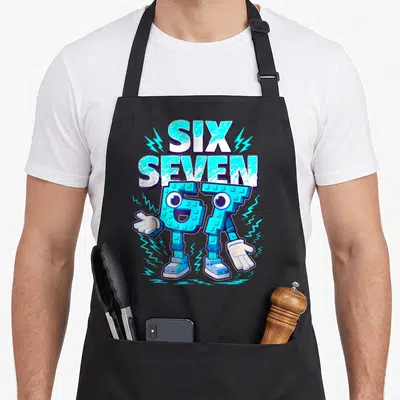 Tablier de cuisine noir avec les chiffres 6 et 7 anthropomorphes et le texte Six Seven en bleu cyan.