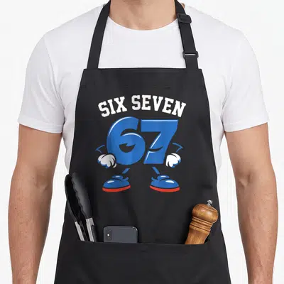 Tablier de cuisine noir avec le personnage Six Seven 67 aux gants blancs et chaussures bleues.