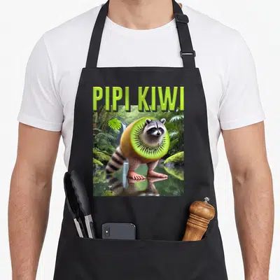 Tablier de cuisine noir avec un raton laveur corps de kiwi et des pieds humains sous le texte Pipi Kiwi en vert.