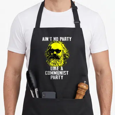 Tablier Ne pas faire de fête comme une fête communist – Karl Marx Meme — sur un tablier de cuisine noir, fond blanc