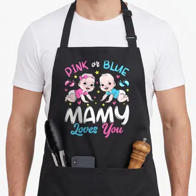 Tablier de cuisine noir avec deux bébés roses et bleus et l'inscription Mamy Loves You.