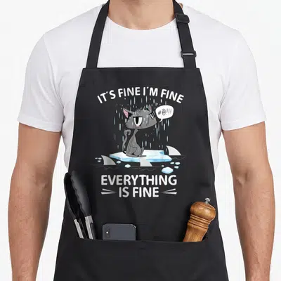 Tablier de cuisine noir avec un chat gris sous la pluie et des ailerons de requin autour d'un bloc de glace.