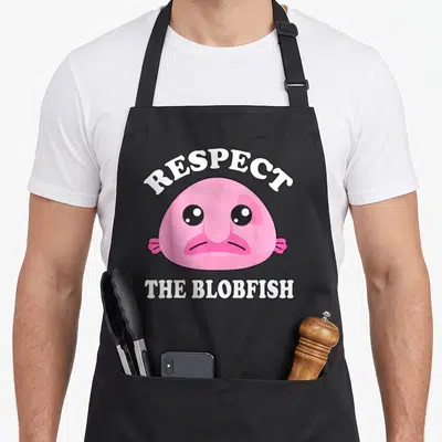 Tablier de cuisine noir avec illustration rose du Blobfish et texte blanc Respectez The Blobfish