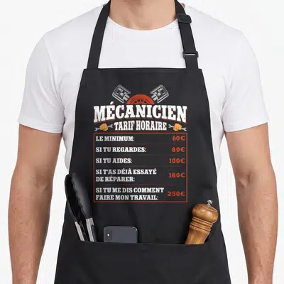 Tablier de cuisine noir avec une liste de tarifs horaires de mécanicien illustrée par des pistons et des clés.