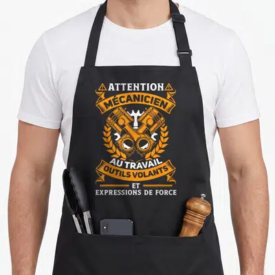 Tablier de cuisine noir avec illustration orange de pistons croisés et texte Attention Mécanicien Au Travail.