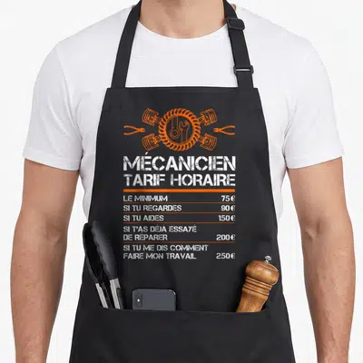 Tablier de cuisine noir avec illustration orange engrenage pistons et liste tarifaire mécanique en blanc.