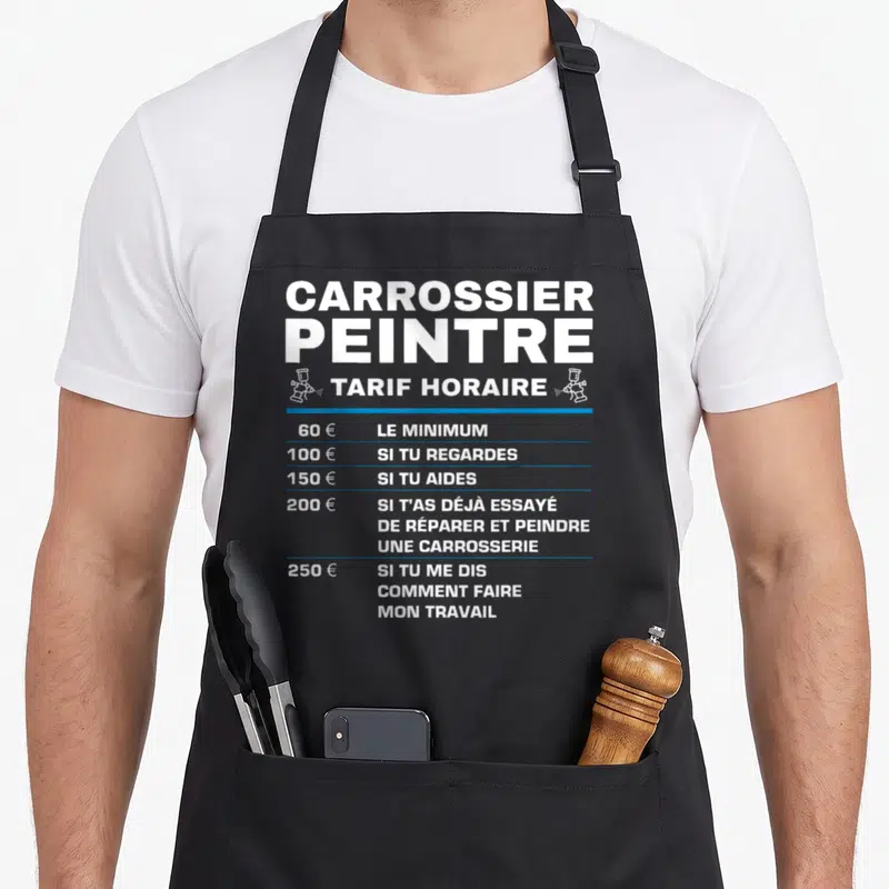 Tablier de cuisine noir avec le tarif horaire d'un carrossier peintre et des icônes de peinture en blanc.