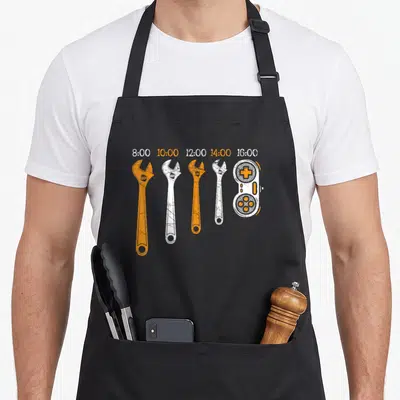 Tablier de cuisine noir avec illustration de quatre clés à molette orange et blanches suivies d'une manette de jeu vidéo.
