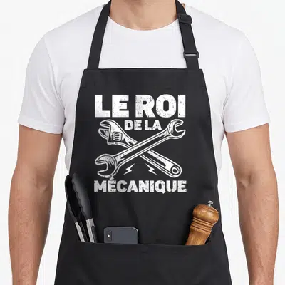 Tablier de cuisine noir avec deux clés croisées et le texte le roi de la mécanique en blanc.