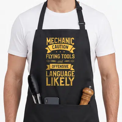 Tablier de cuisine noir avec inscription jaune Caution Flying Tools and Offensive Language Likely et deux clés anglaises.