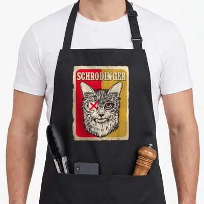 Tablier de cuisine noir avec illustration vintage d'un chat aux yeux distincts et texte SCHRODINGER en haut.