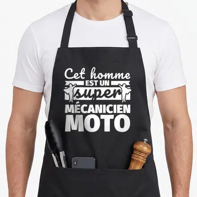 Tablier de cuisine noir avec inscription blanche Cet homme est un super Mécanicien Moto et silhouettes stylisées.