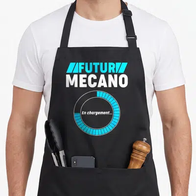 Tablier de cuisine noir avec texte Futur Mécano et icône de chargement circulaire bleue et blanche.