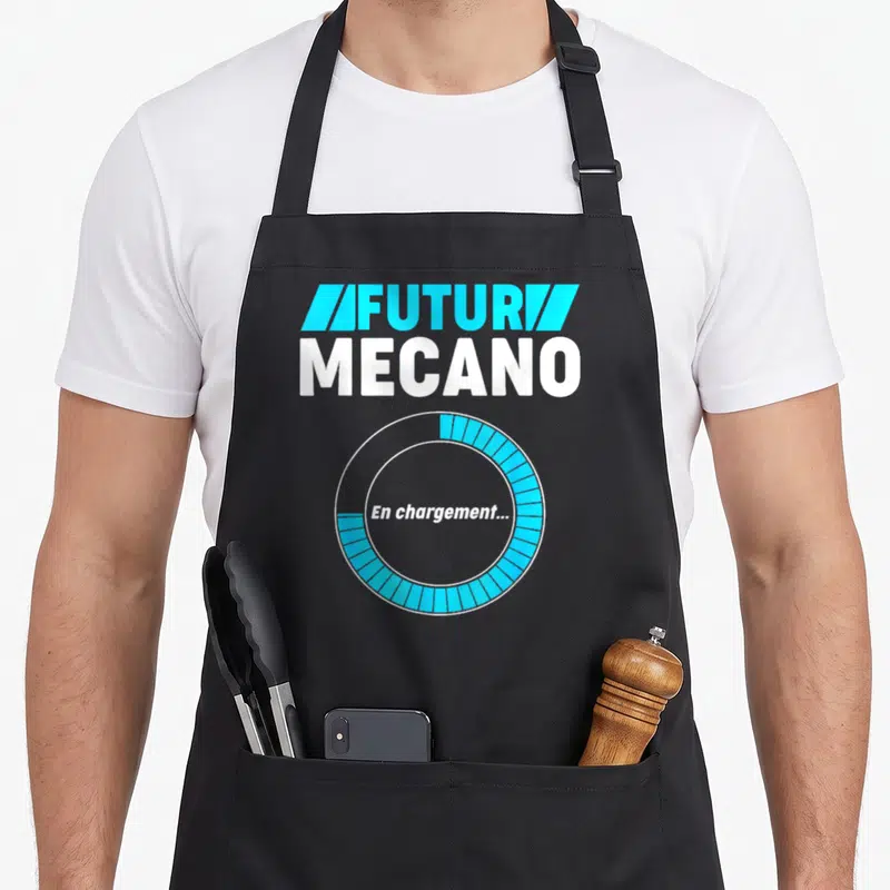 Tablier de cuisine noir avec texte Futur Mécano et icône de chargement circulaire bleue et blanche.