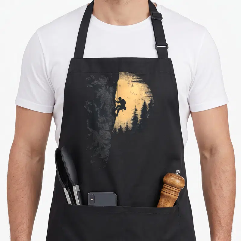 Tablier de cuisine noir avec silhouette grimpeur bouldern sur paroi rocheuse et forêts en arrière-plan orange