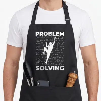 Tablier de cuisine noir avec silhouette grimpeur, formules mathématiques et texte Problem Solving en blanc.