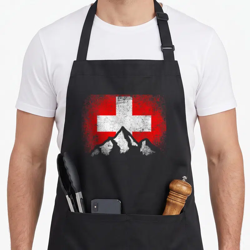 Tablier de cuisine noir avec drapeau suisse et silhouettes de montagnes blanches en style grunge.