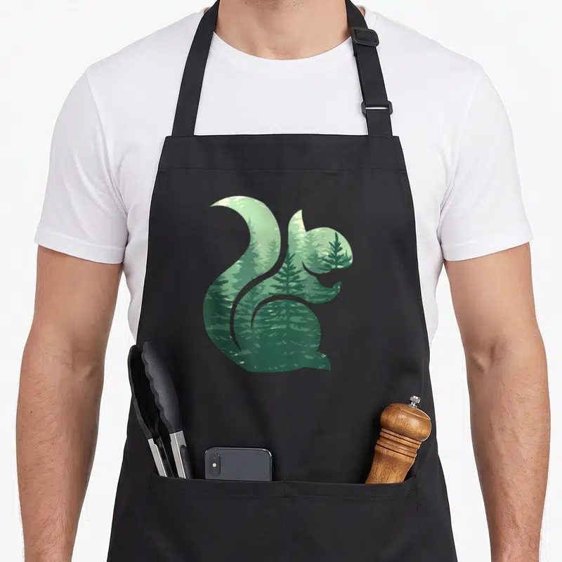 Tablier de cuisine noir avec silhouette d'écureuil remplie d'une illustration de forêt verte et de sapins.