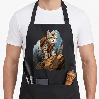 Tablier de cuisine noir avec illustration d'un chat tigré en randonnée portant un sac à dos orange sur un rocher.