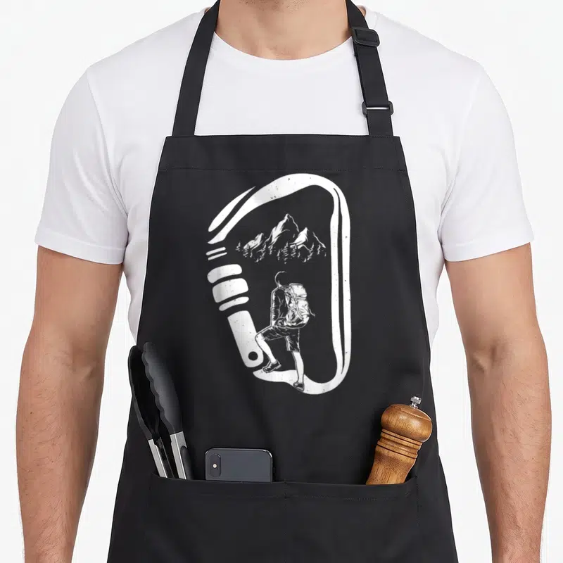 Tablier de cuisine noir avec illustration blanche d'un mousqueton contenant un randonneur et des montagnes.