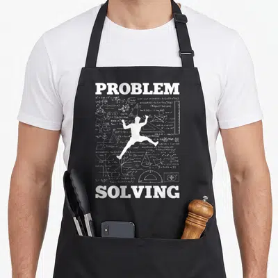 Tablier de cuisine noir avec silhouette escaladeur et formules mathématiques blanches sur fond sombre.