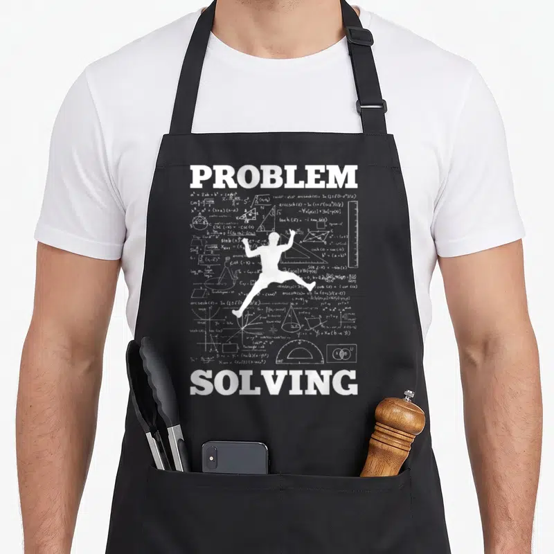 Tablier de cuisine noir avec silhouette escaladeur et formules mathématiques blanches sur fond sombre.