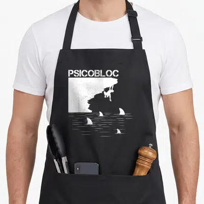 Tablier de cuisine noir avec silhouette grimpeur et dents de requin sous l'inscription PSICOBLOC en blanc.