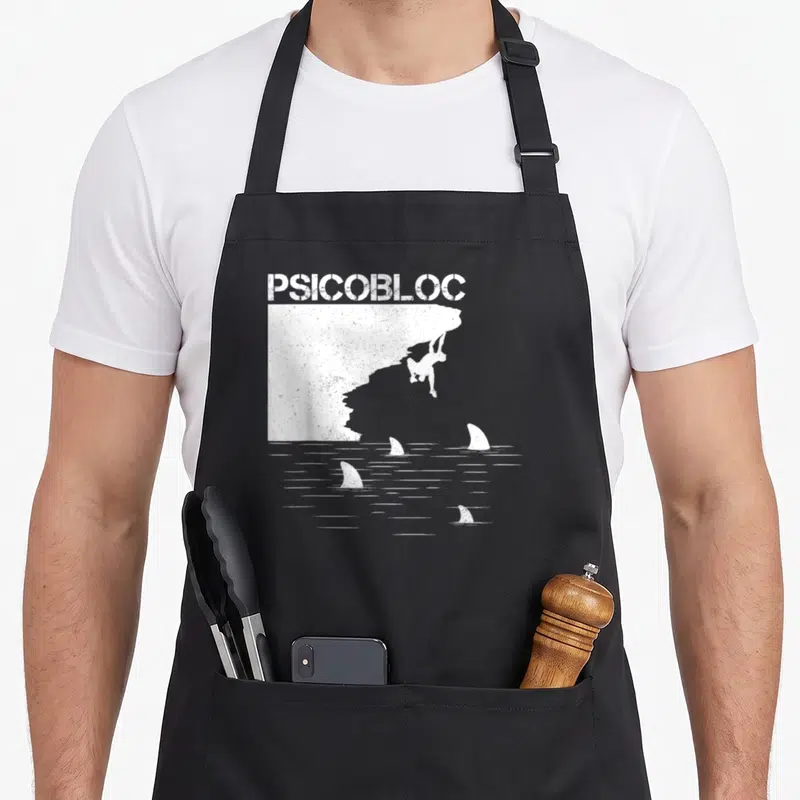 Tablier de cuisine noir avec silhouette grimpeur et dents de requin sous l'inscription PSICOBLOC en blanc.