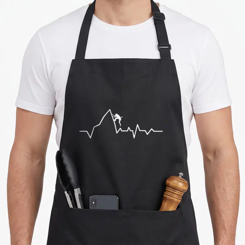 Tablier de cuisine noir avec un grimpeur blanc escaladant une ligne de vie en forme de montagne.