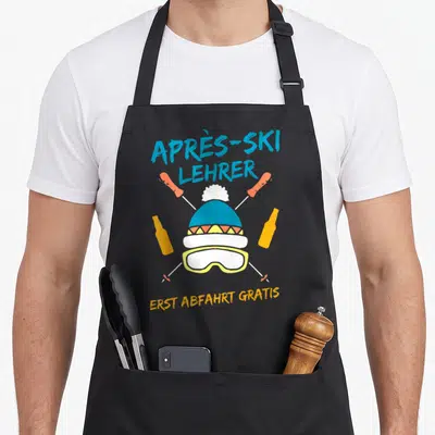 Tablier de cuisine noir avec une bonnet bleue, des lunettes de ski jaunes et des bières orange croisées.