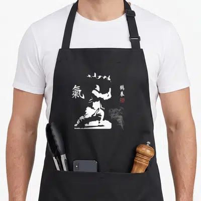 Tablier de cuisine noir avec silhouette blanche de Tai Chi, caractères asiatiques et oiseaux en vol au-dessus.