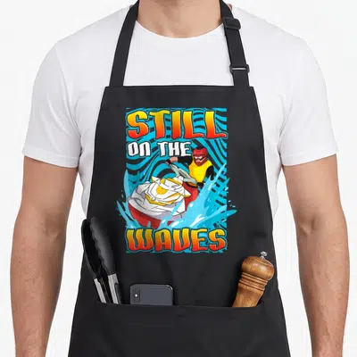 Tablier de cuisine noir avec illustration d'un pilote de jet ski sur fond bleu ondulé