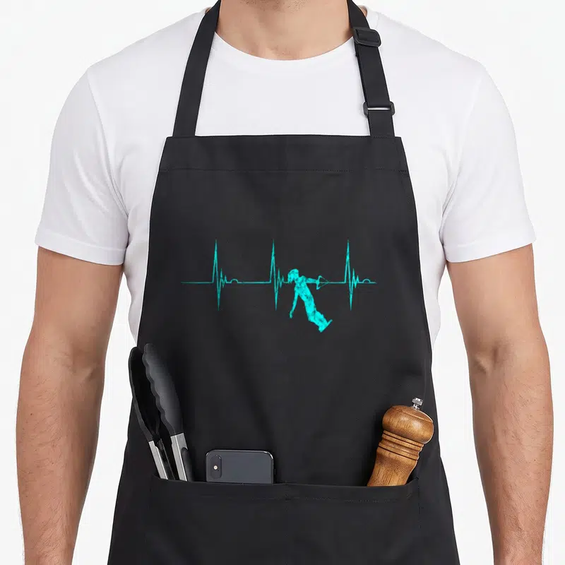 Tablier de cuisine noir avec un wakeboarder turquoise formant une impulsion de rythme cardiaque.