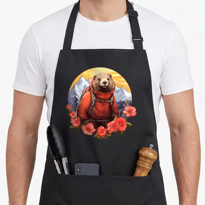 Tablier de cuisine noir avec une marmotte alpiniste en orange entourée de fleurs roses et de montagnes enneigées.