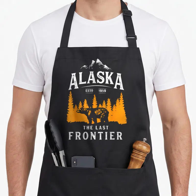 Tablier de cuisine noir avec illustration d'un ours orange, de sapins et du texte Alaska Estp 1959 The Last Frontier en blanc.