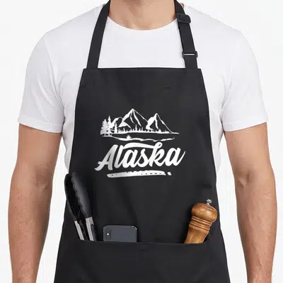 Tablier de cuisine noir avec illustration blanche de montagnes Alaska et texte Hike Randonnée Pédestre Nature.